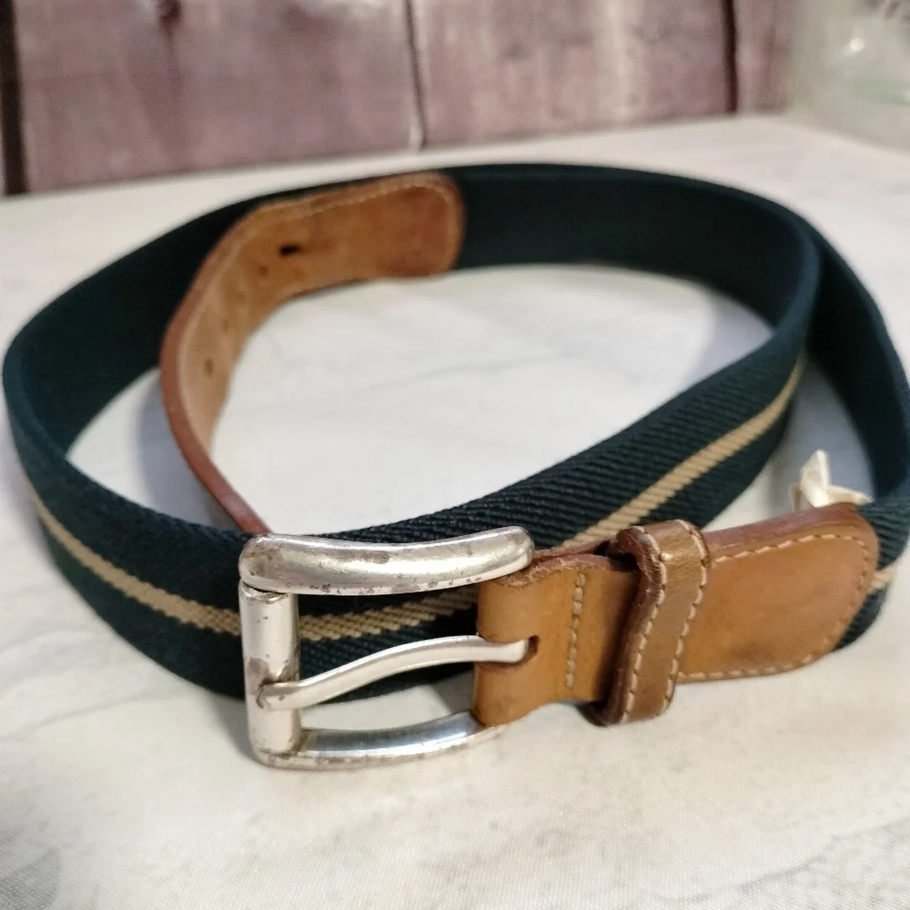 VINTAGE LL BEAN CANVAS LEATHER BELT ( MENS Sz 38) NAVY KHAKI STRIPED